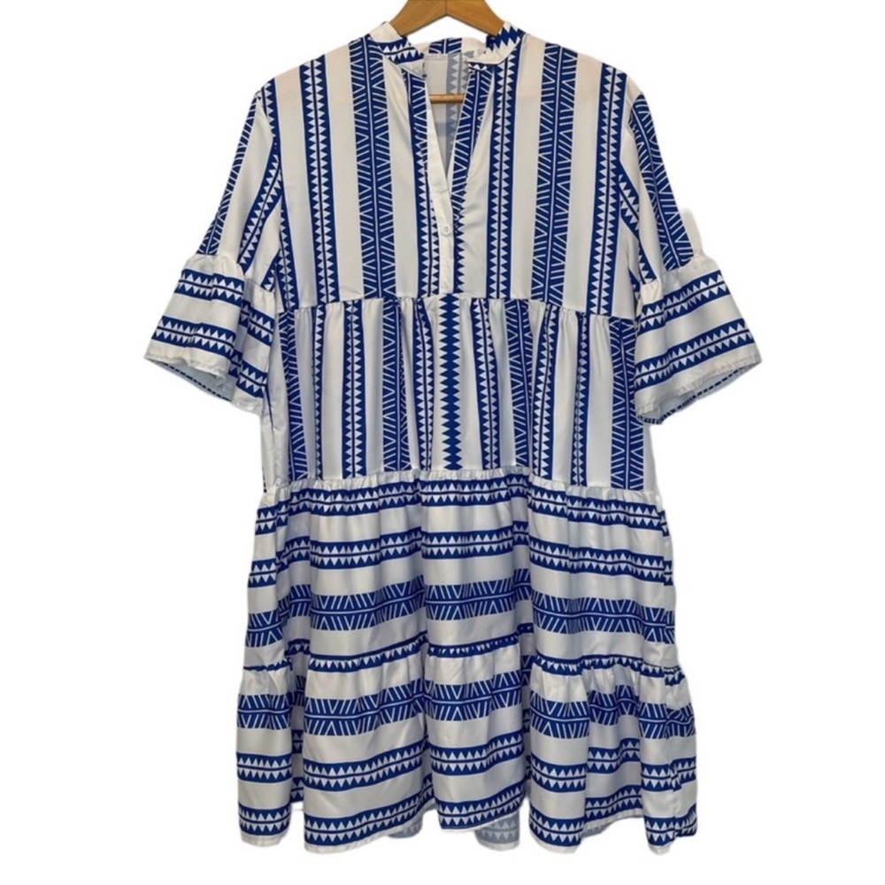 Baby Doll Mini Dress Geometric V-Neck Striped Blue & White Women’s Size Large - Picture 3 of 14